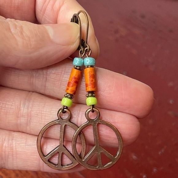 Hand Crafted Artisan Earrings Copper Peace Sign Hippie Boho Colorful # 184 - Picture 5 of 7